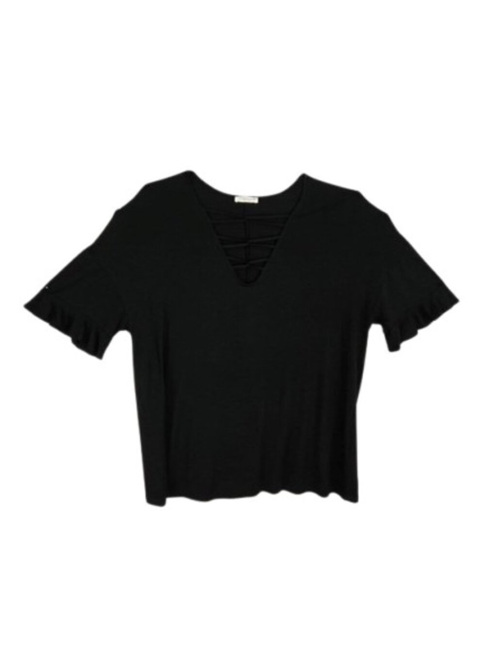 Chic Soul Black Crisscross V Neck Flutter Sleeve Top 1X Plus Size